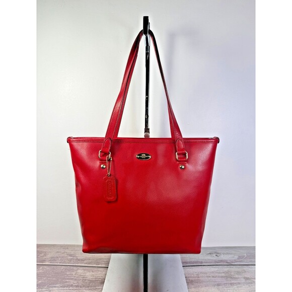 Coach Zip Top F36632 Red Crossgrain Leather Tote Bag EXCELLENT - Picture 1 of 16